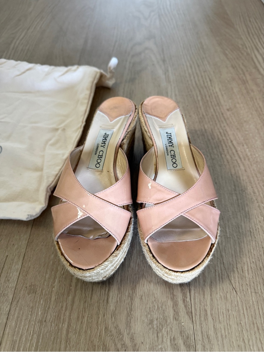 Jimmy Choo Espadrille Wedge Sandals Blush Pink Patent Leather Slides Size 35